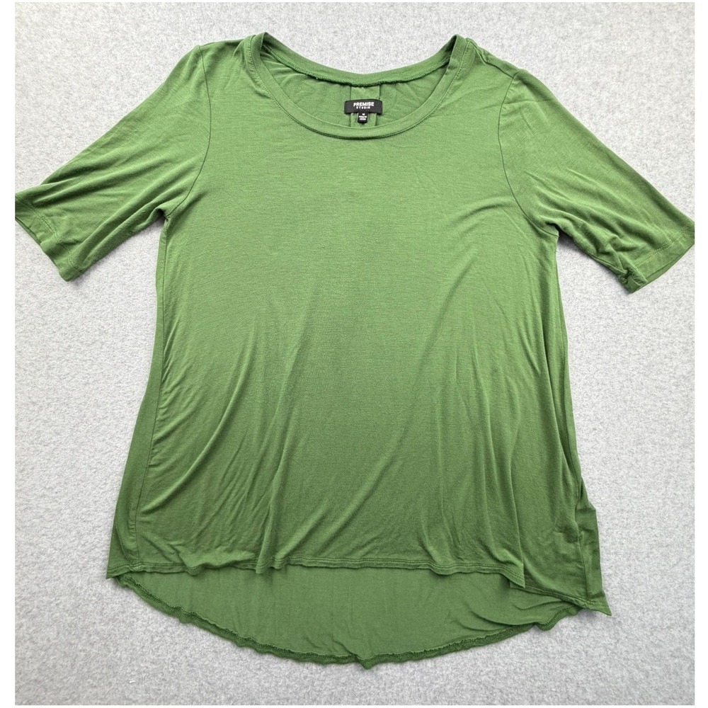Premise Studio Womens Med. Green Short Sleeve High Low Pleated Back Top